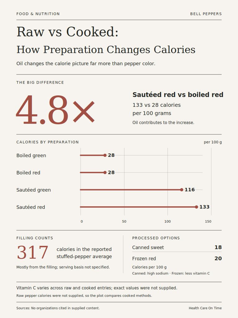 Infographic comparing calorie differences in raw and cooked bell peppers, highlighting sautéed and boiled options.