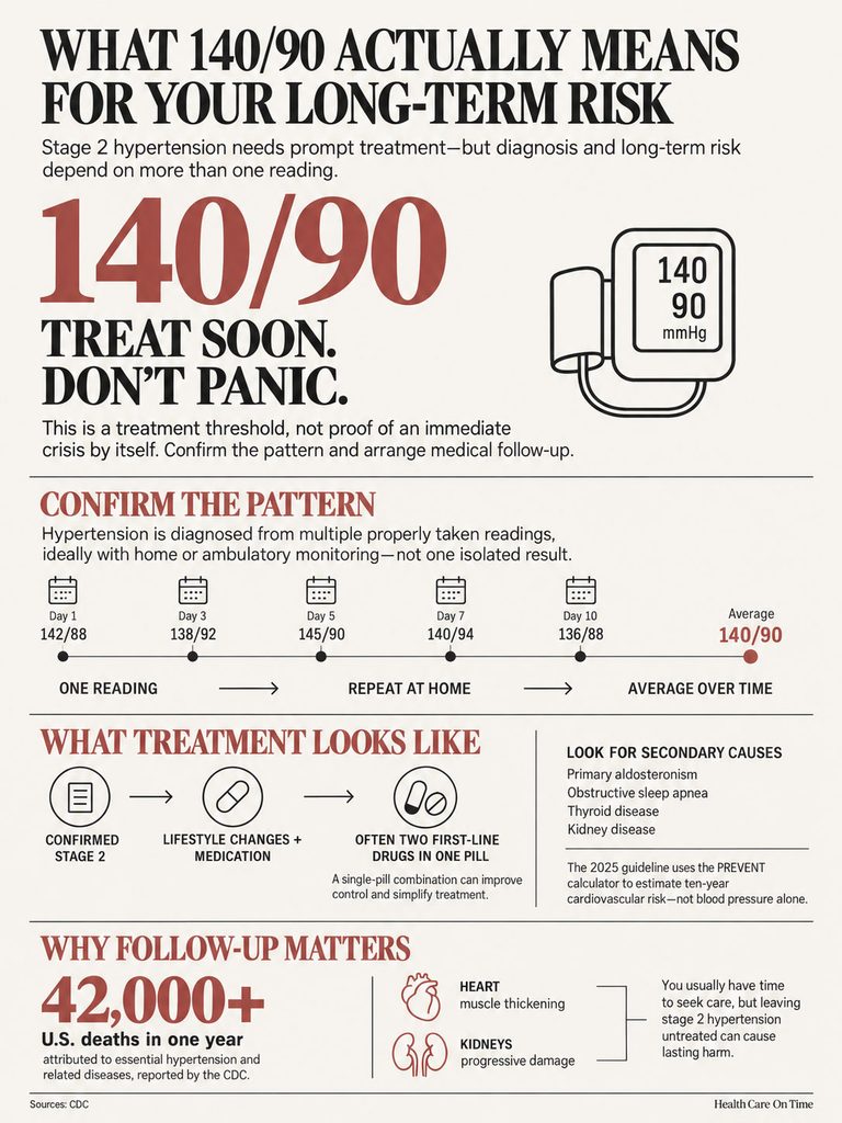 Infographic explaining stage 2 hypertension, showing readings, treatment steps, and risks with icons and charts.