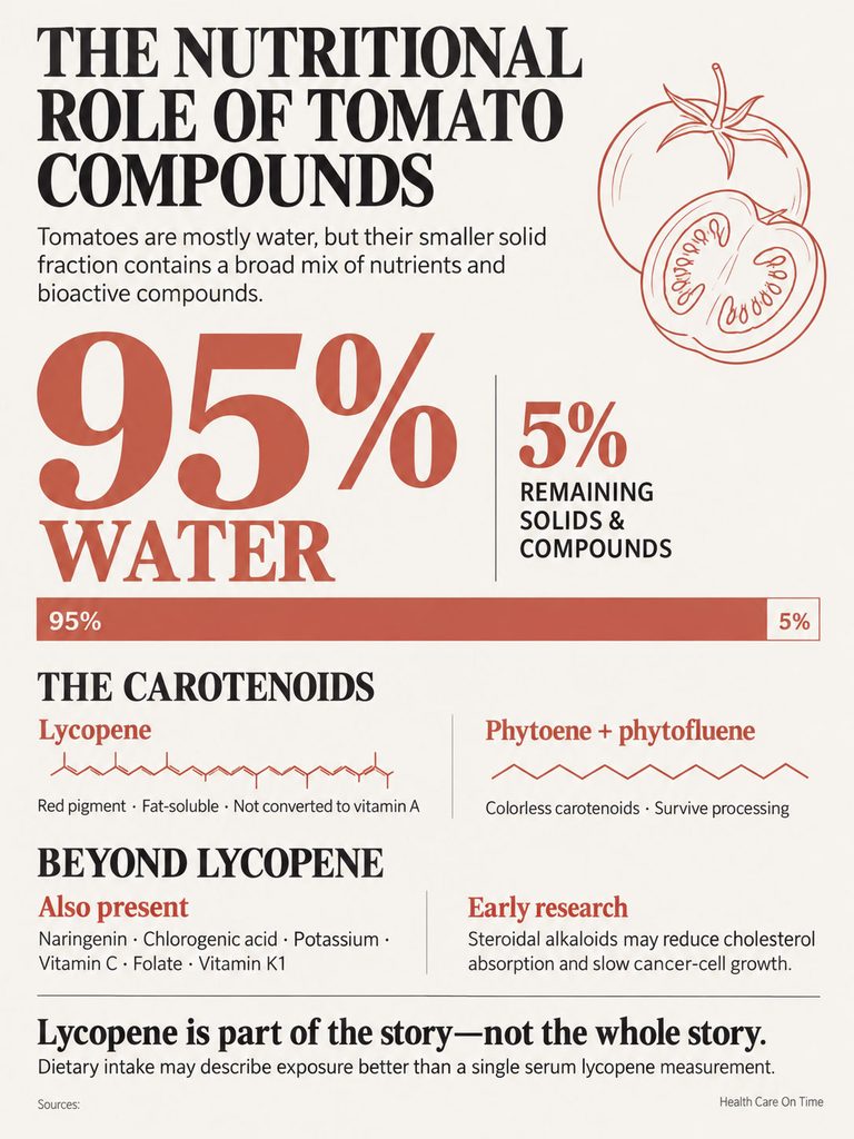 Infographic showing the nutritional role of tomato compounds, highlighting 95% water content and various nutrients.