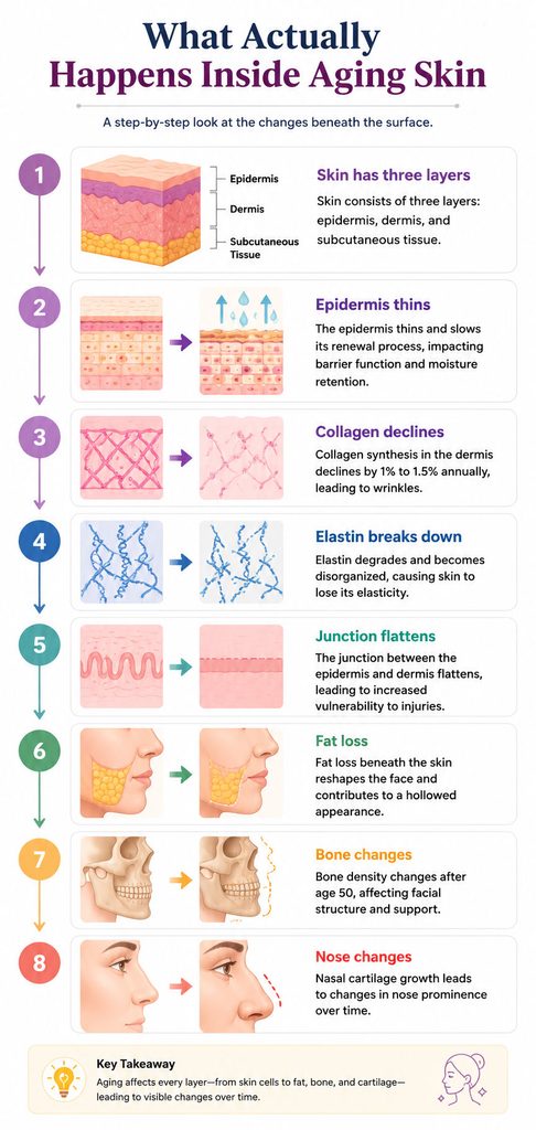 Infographic illustrating changes in aging skin layers, including epidermis, collagen, and fat loss effects.
