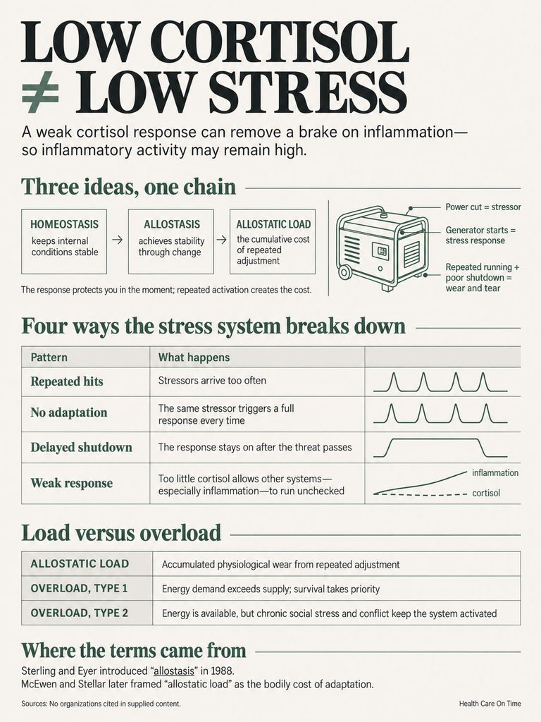 Infographic explaining low cortisol and stress, featuring charts, concepts, and definitions related to stress response.