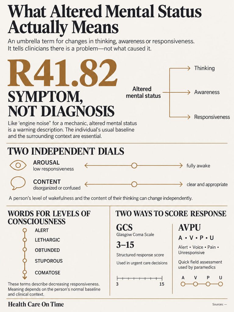 Infographic explaining altered mental status with definitions, dials for arousal and content, and scoring systems.
