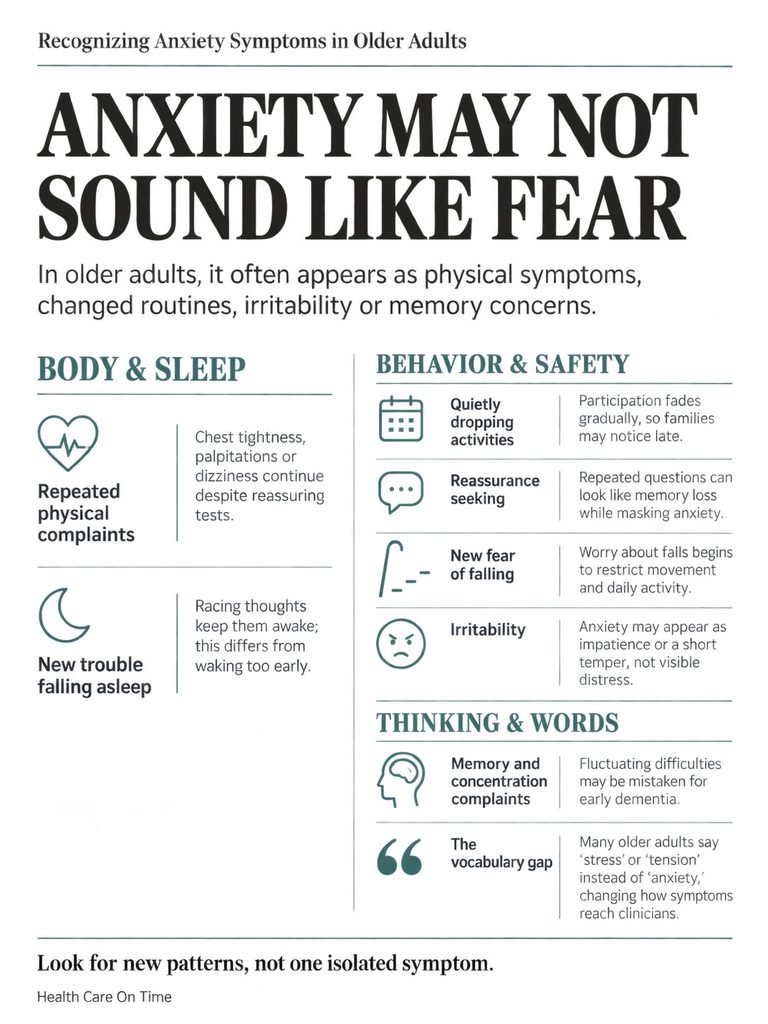 Infographic showing anxiety symptoms in older adults, including physical complaints, behavior changes, and cognitive issues.