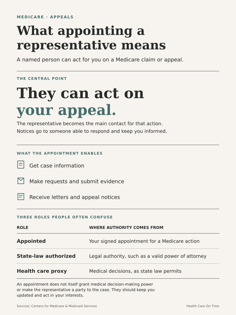 Infographic explaining Medicare representative appointments, including roles and responsibilities in appeals process.
