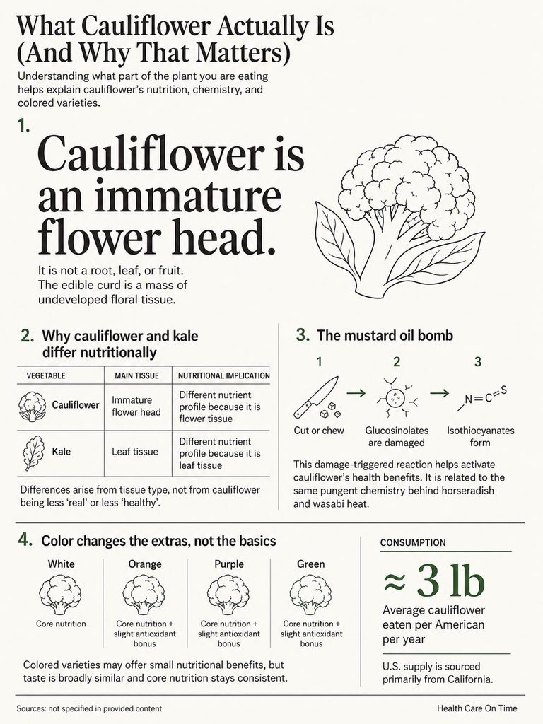 Infographic explaining cauliflower's nutrition, chemistry, and colored varieties with illustrations and data points.