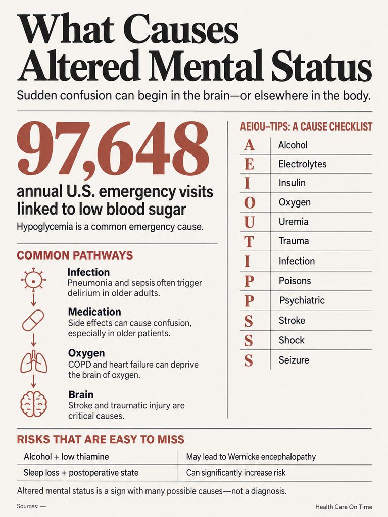 Infographic detailing causes of altered mental status with statistics, common pathways, and a checklist of causes.