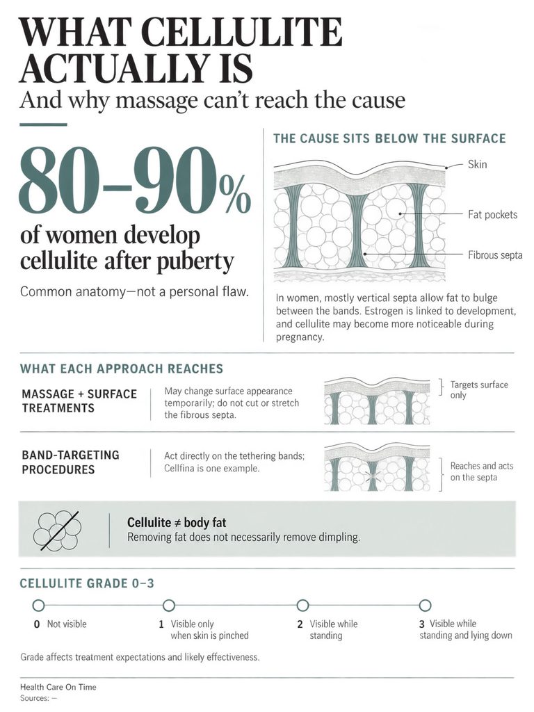 Infographic explaining cellulite, its causes, treatments, and grading scale with illustrations and statistics.