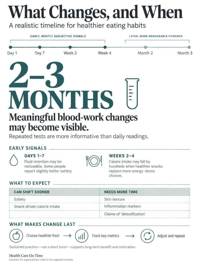 Infographic showing timeline for healthier eating habits with key changes over days and weeks, including blood-work changes.