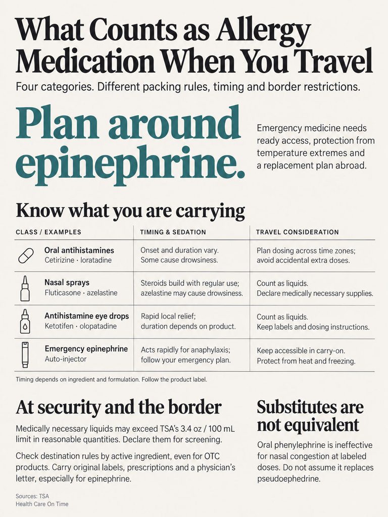 Infographic detailing allergy medication guidelines for travel, including categories and packing rules.