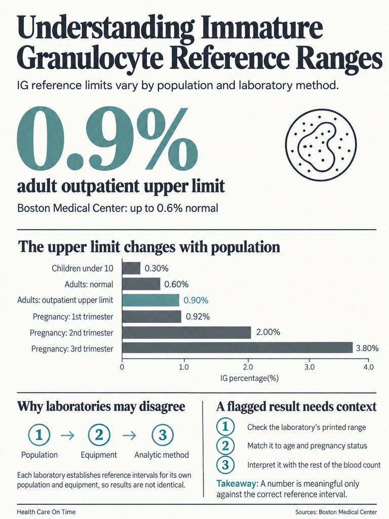 Infographic showing immature granulocyte reference ranges, including percentages for different populations and pregnancy stages.