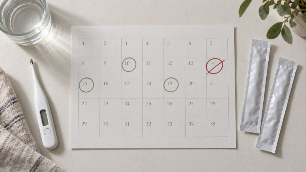A calendar with marked dates, a thermometer, and two sealed packets on a light surface.