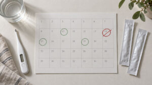 A calendar with marked dates, a thermometer, and two sealed packets on a light surface.