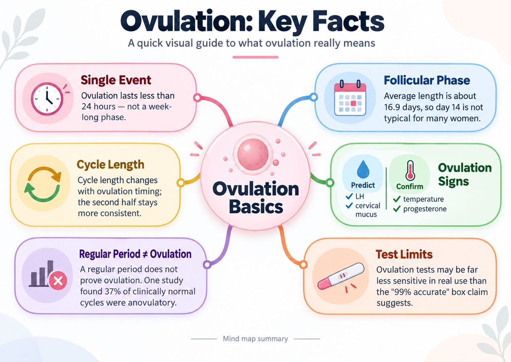 Infographic explaining ovulation basics, including phases, cycle length, and ovulation signs with icons.