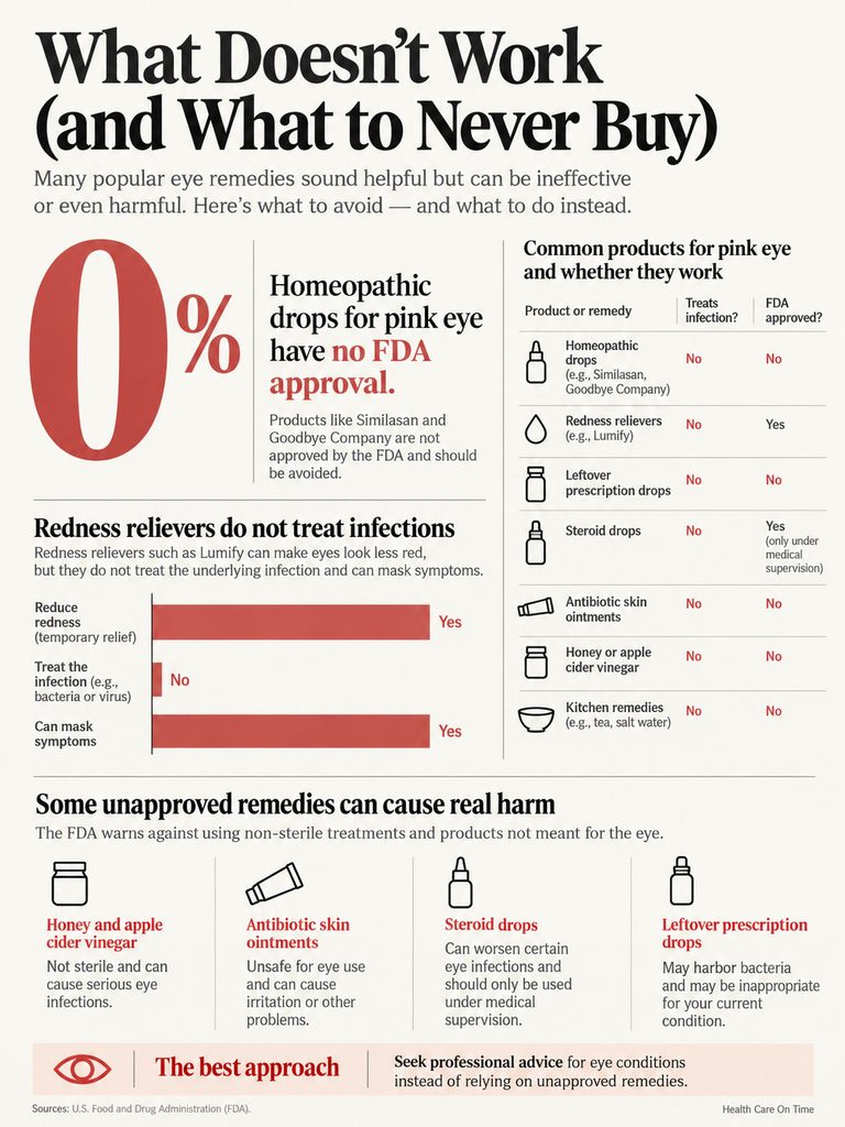 Infographic detailing ineffective eye remedies, FDA approvals, and safer alternatives for pink eye treatment.