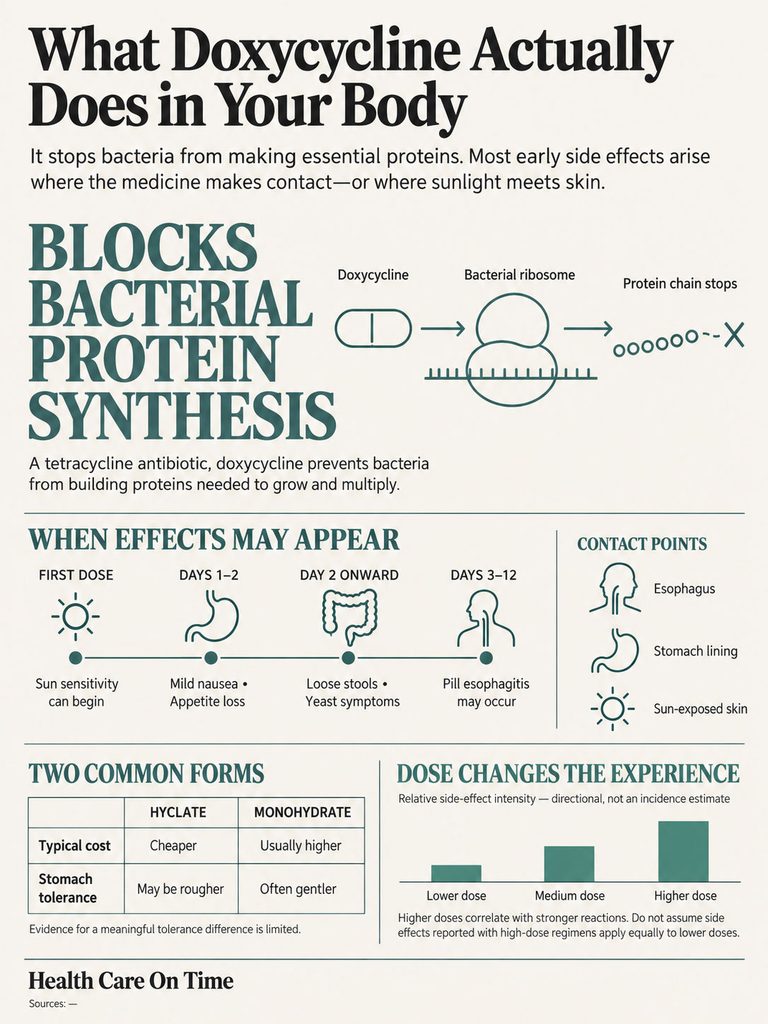Infographic explaining how doxycycline blocks bacterial protein synthesis and its side effects timeline.