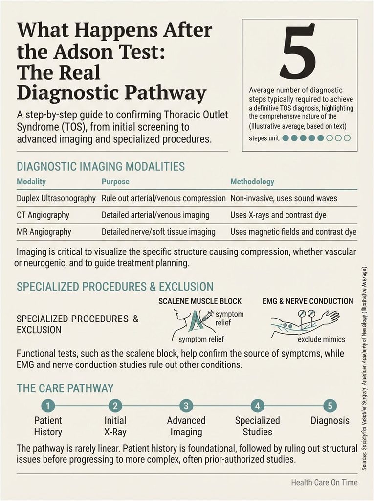 Infographic detailing the diagnostic pathway for Thoracic Outlet Syndrome, including imaging modalities and procedures.
