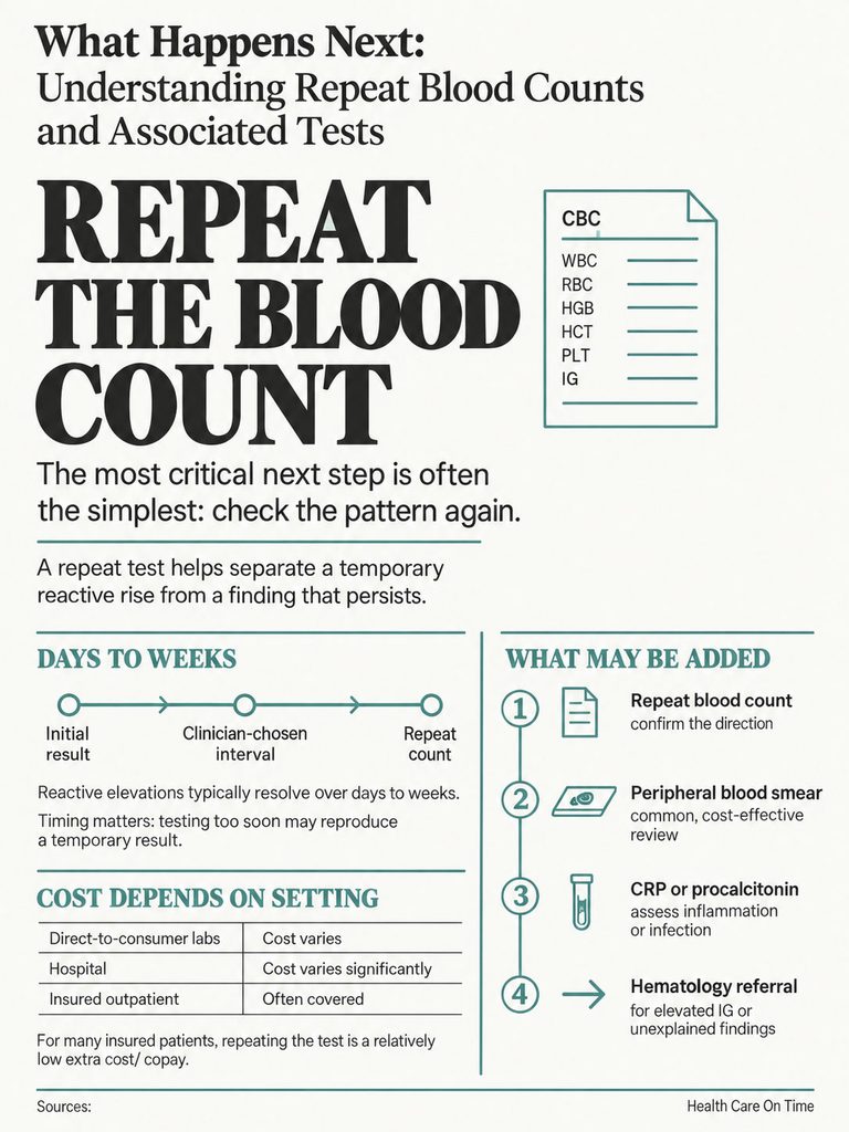 Infographic explaining repeat blood counts, including timelines, costs, and additional tests to consider.