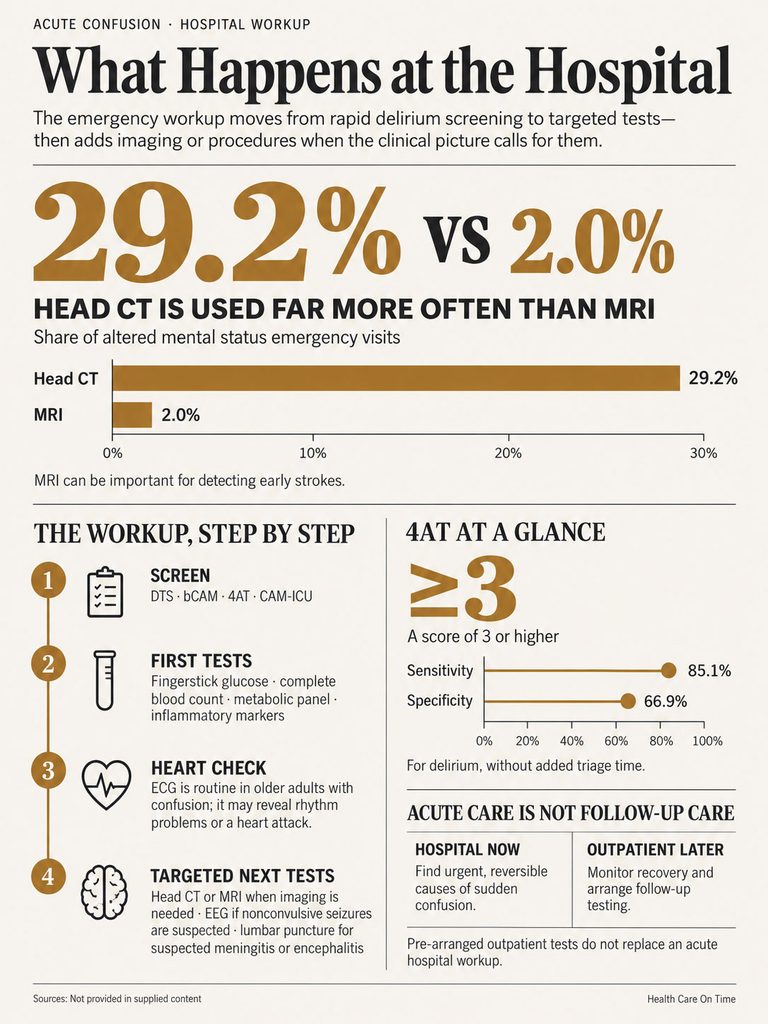 Infographic showing emergency workup steps for altered mental status, highlighting CT vs MRI usage statistics.