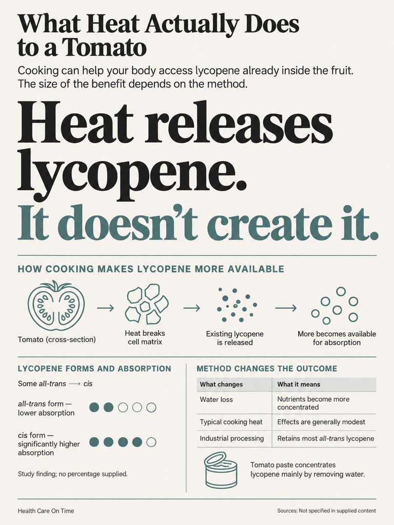Infographic explaining how cooking tomatoes releases lycopene, with visuals of tomatoes and absorption data.