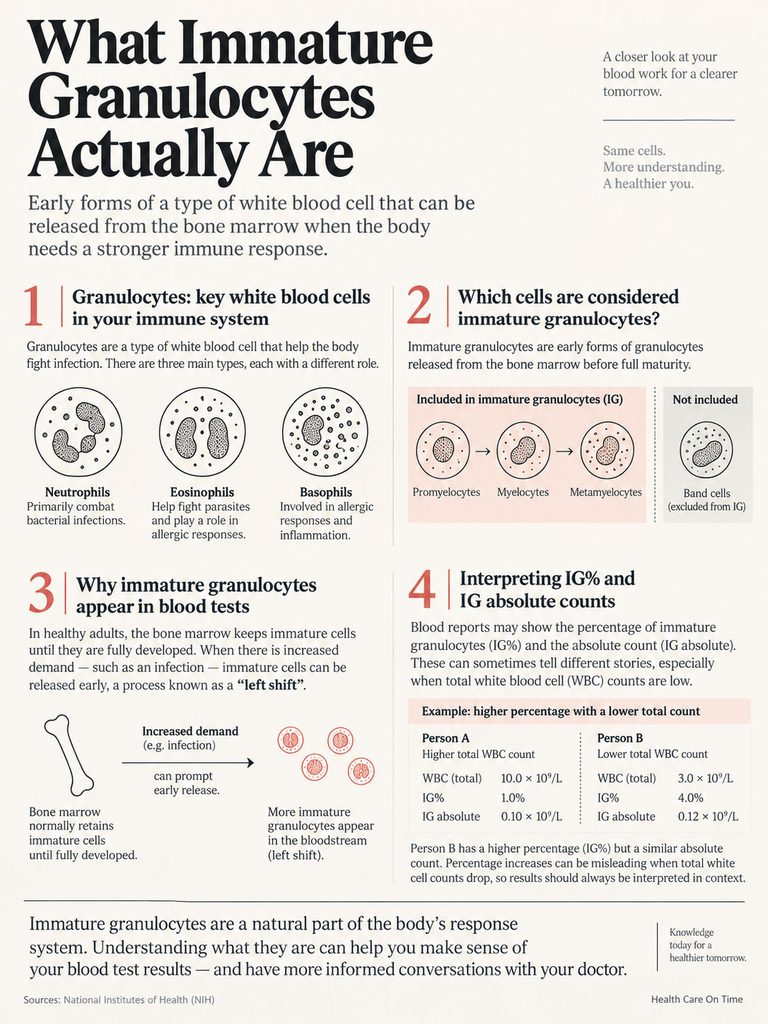 Infographic explaining immature granulocytes, their types, and significance in blood tests.