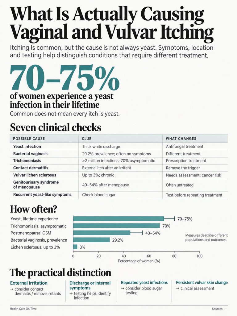 Infographic detailing causes of vaginal and vulvar itching, including statistics and clinical checks for diagnosis.