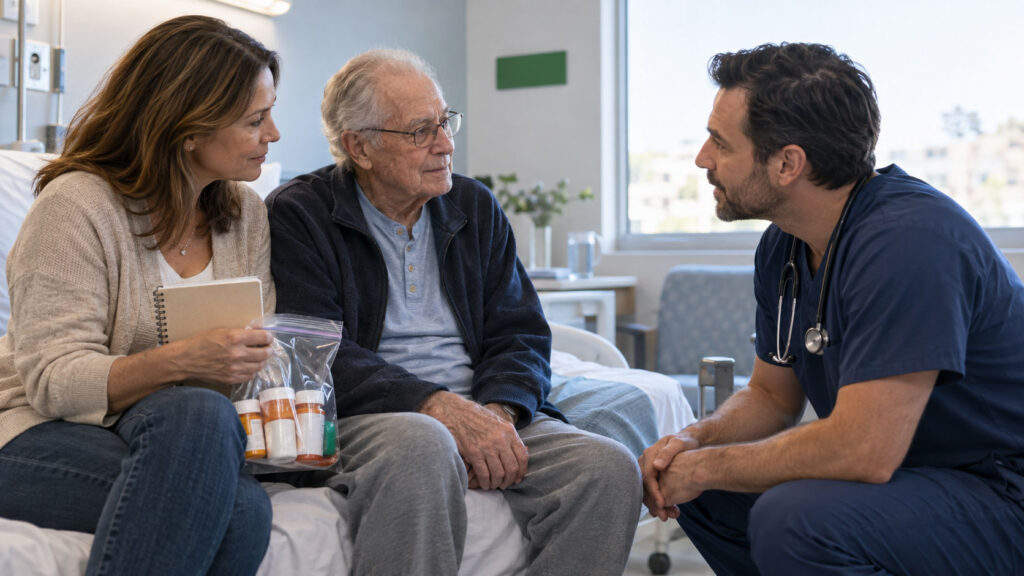 A doctor discusses medication with a patient and his family in a hospital room.
