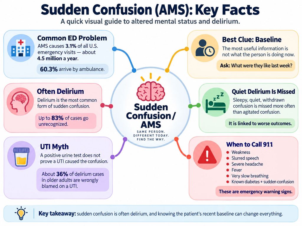 Infographic on sudden confusion (AMS) highlighting key facts, statistics, and emergency signs for confusion.