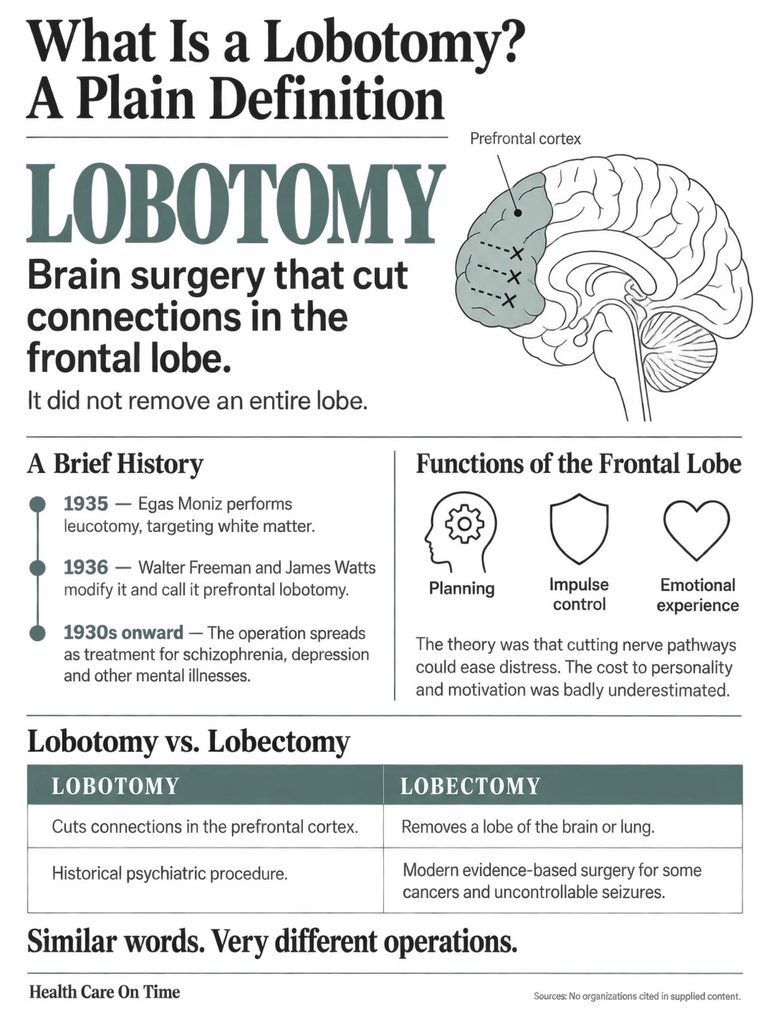 Infographic explaining lobotomy, its history, functions of the frontal lobe, and comparison with lobectomy.