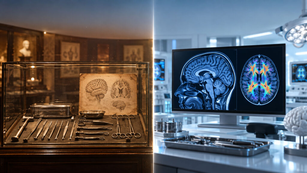 A display case holds vintage surgical tools and brain illustrations, while a monitor shows modern brain scans in a lab.
