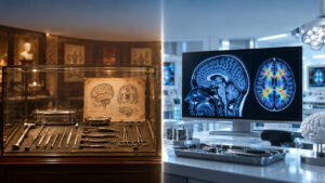 A display case holds vintage surgical tools and brain illustrations, while a monitor shows modern brain scans in a lab.