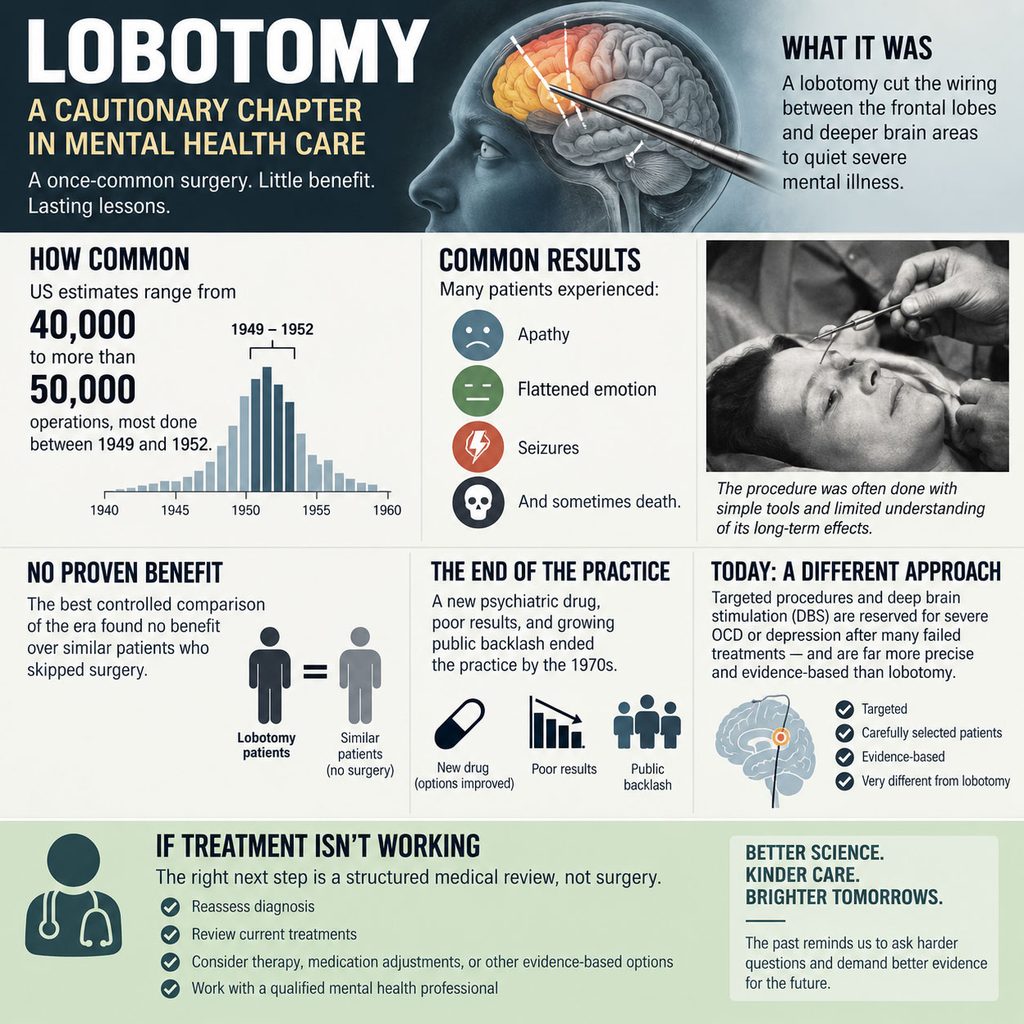 Infographic explaining lobotomy, its history, effects, and modern alternatives in mental health care.