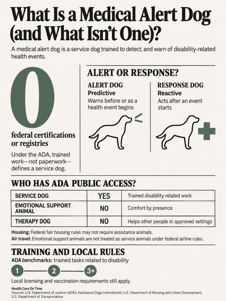 Infographic explaining medical alert dogs, their functions, and ADA regulations with charts and icons.