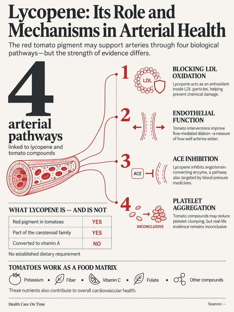 Infographic showing lycopene's role in arterial health with four pathways and key data points on tomatoes.
