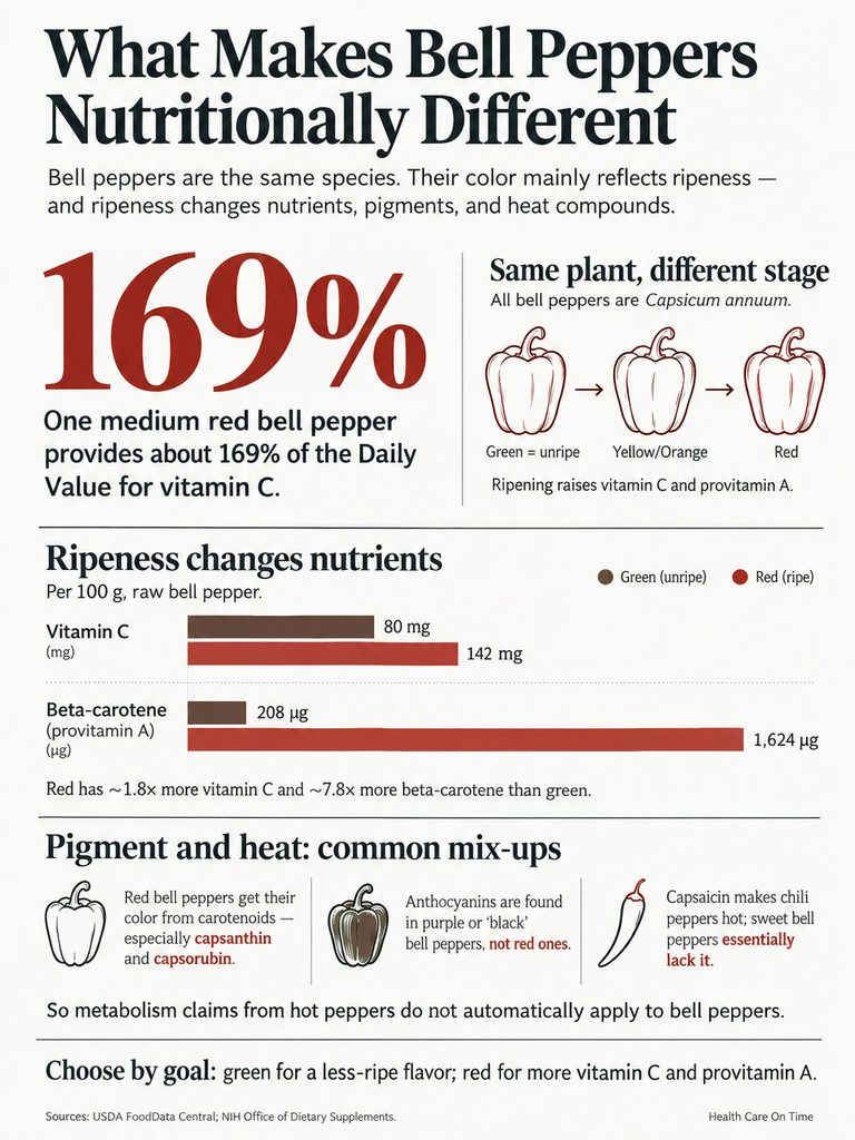Infographic explaining nutritional differences of bell peppers, highlighting vitamin C and beta-carotene content.