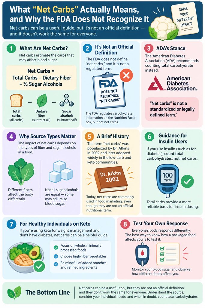 Infographic explaining net carbs, FDA stance, ADA recommendations, and guidance for insulin users.