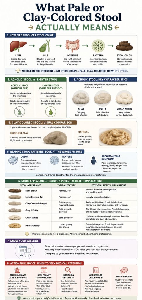 Infographic explaining pale or clay-colored stool causes, characteristics, and health implications with illustrations and charts.