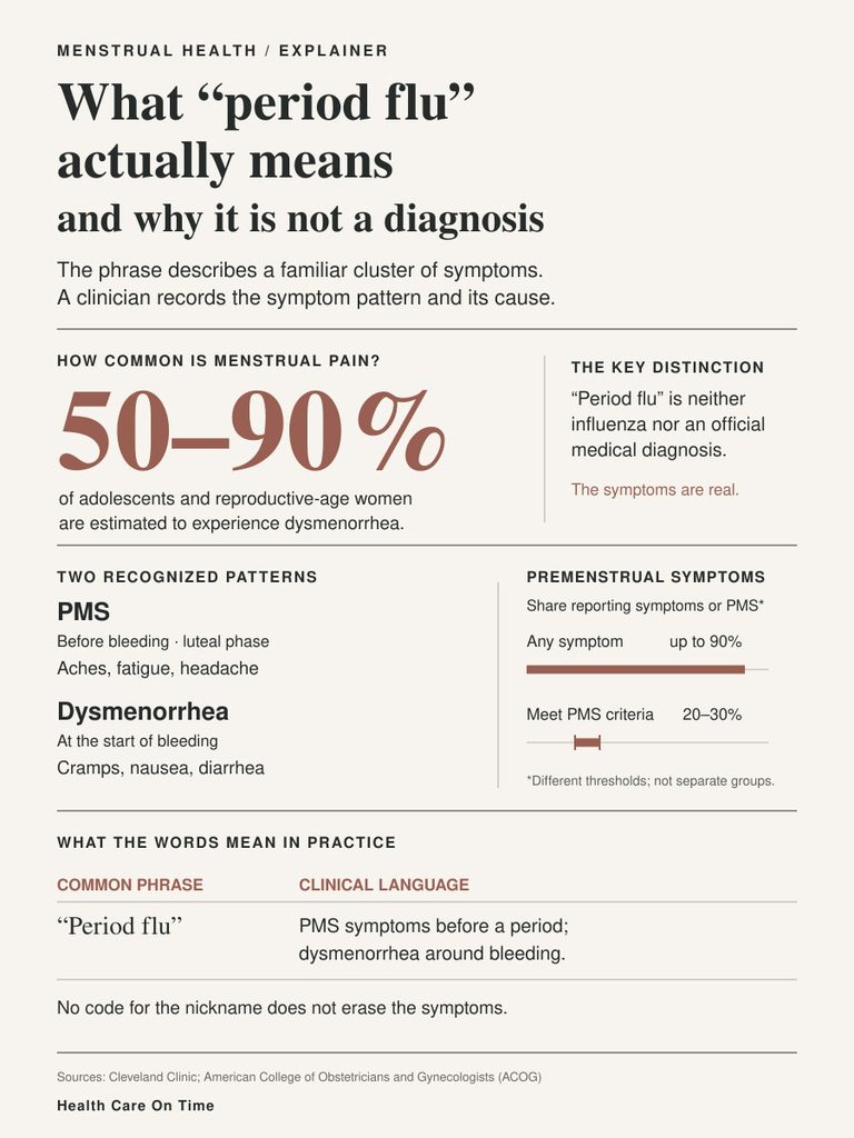 Infographic explaining "period flu," its symptoms, and prevalence among women, including charts and statistics.