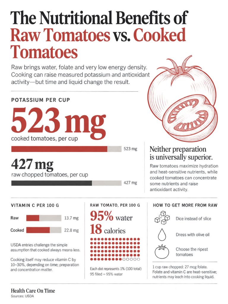 Infographic comparing nutritional benefits of raw tomatoes and cooked tomatoes, showing potassium and vitamin C levels.