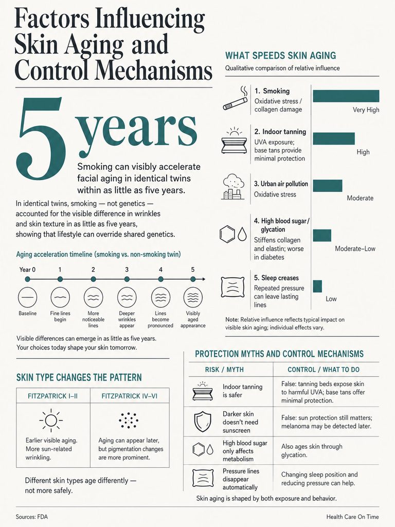 Infographic showing factors influencing skin aging, including smoking, indoor tanning, and pollution effects over five years.