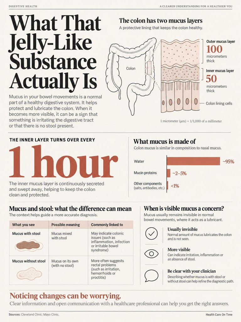 Infographic explaining mucus in bowel movements, featuring charts on mucus layers and composition.
