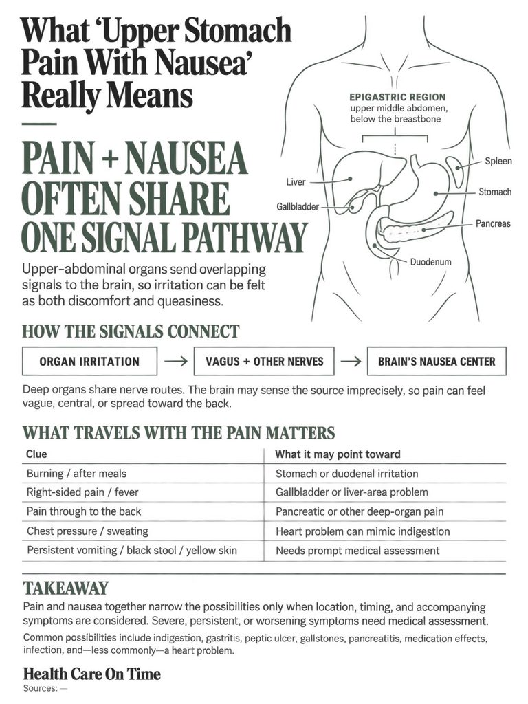 Infographic explaining upper stomach pain with nausea, showing organs and signal pathways, with key clues and takeaways.