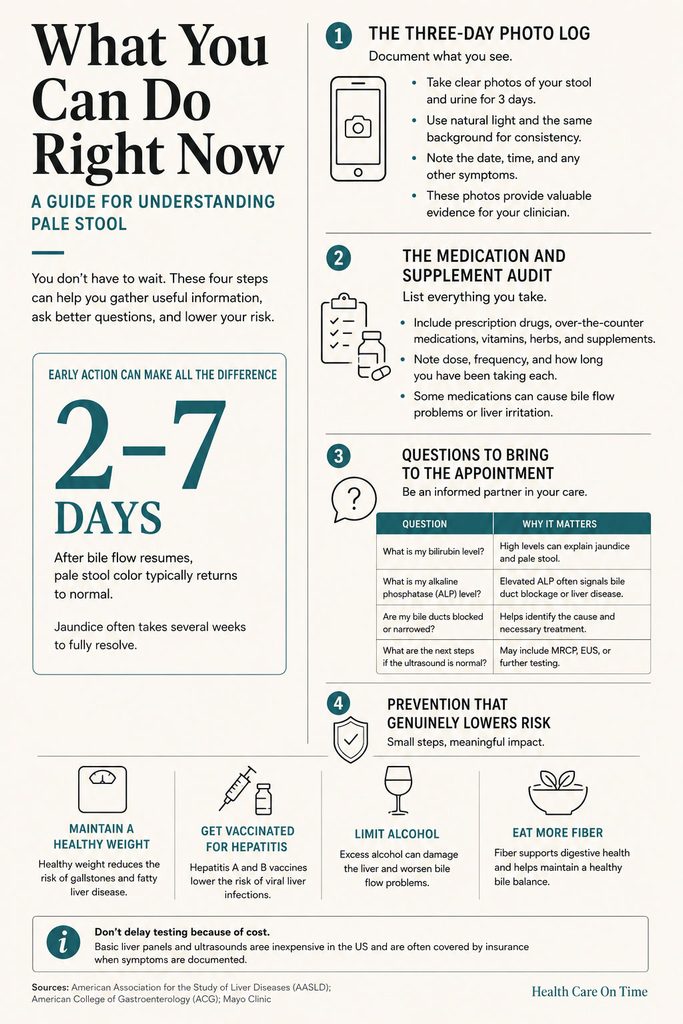 Infographic detailing steps to understand pale stool, including photo log, medication audit, and prevention tips.