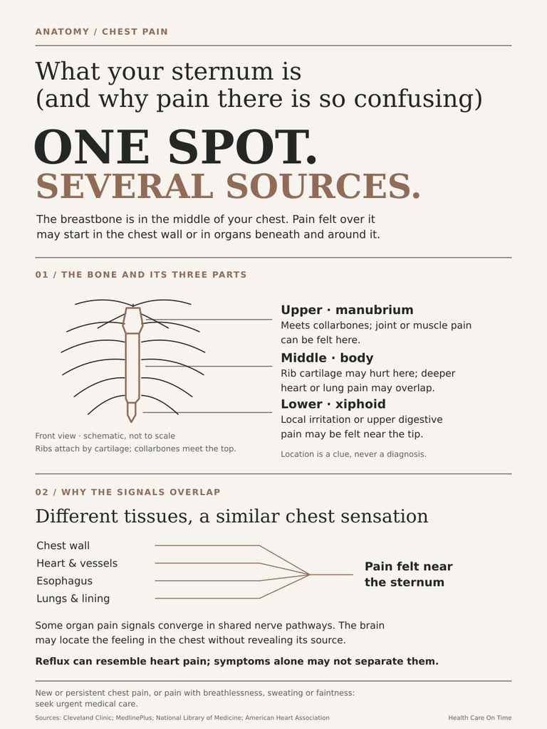 Infographic explaining the sternum anatomy and chest pain sources, with labeled sections and illustrations.