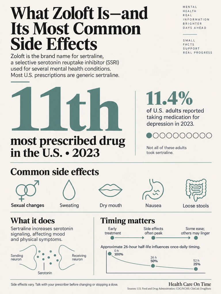 Infographic explaining Zoloft, its common side effects, and usage statistics in 2023.