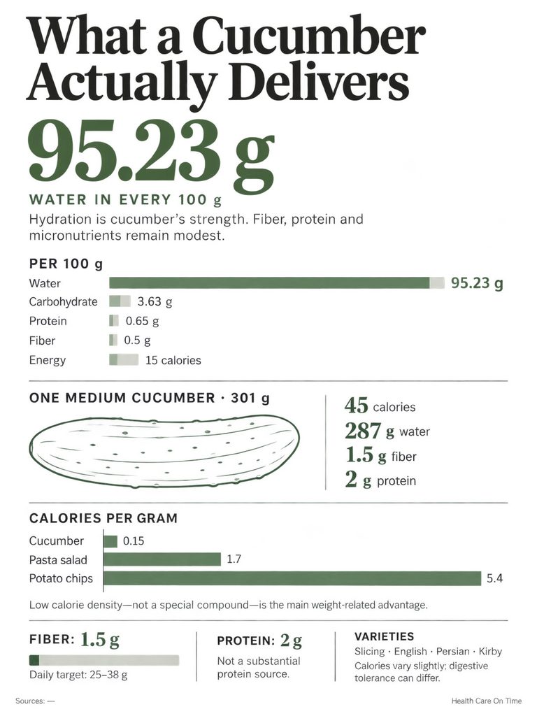 Infographic showing cucumber nutrition facts, including water content, calories, fiber, and protein per 100g and medium cucumber.