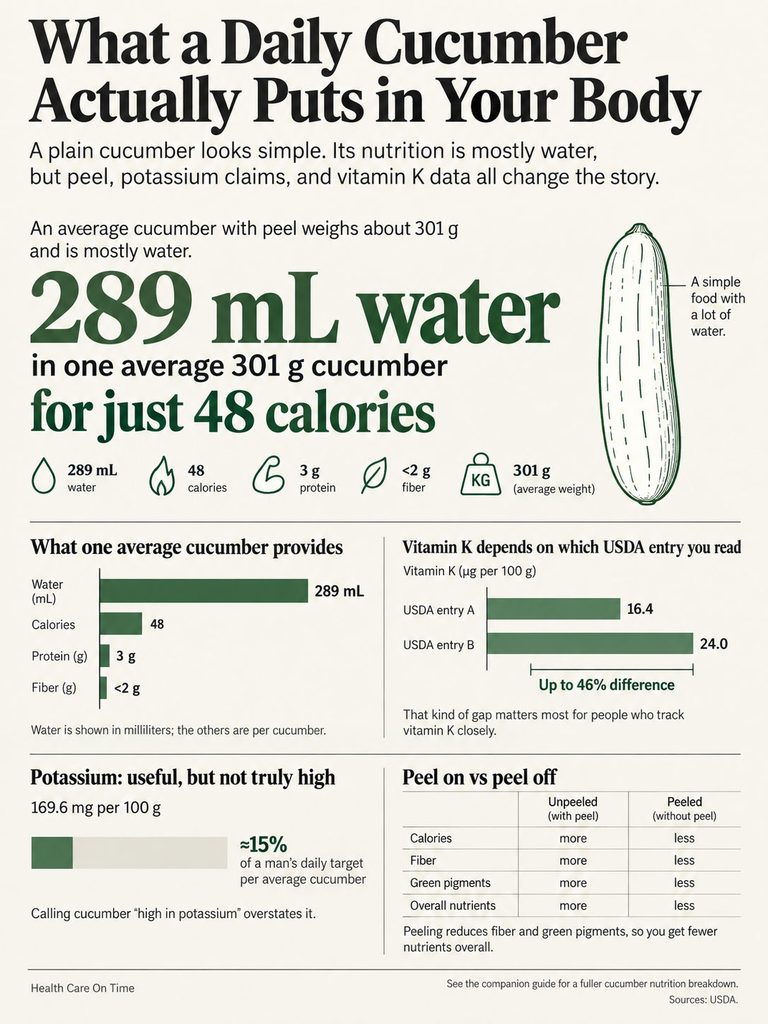 Infographic showing cucumber nutrition: 289 mL water, 48 calories, 3 g protein, and vitamin K data.