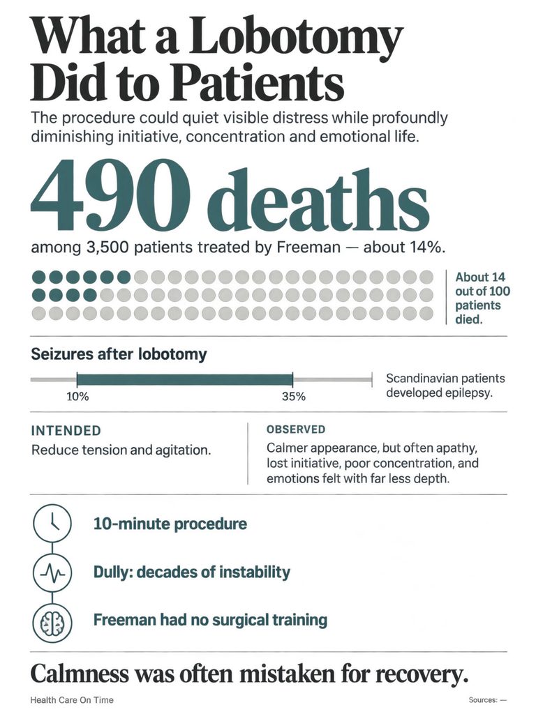 Infographic showing effects of lobotomy, including 490 deaths and seizure statistics among patients treated by Freeman.