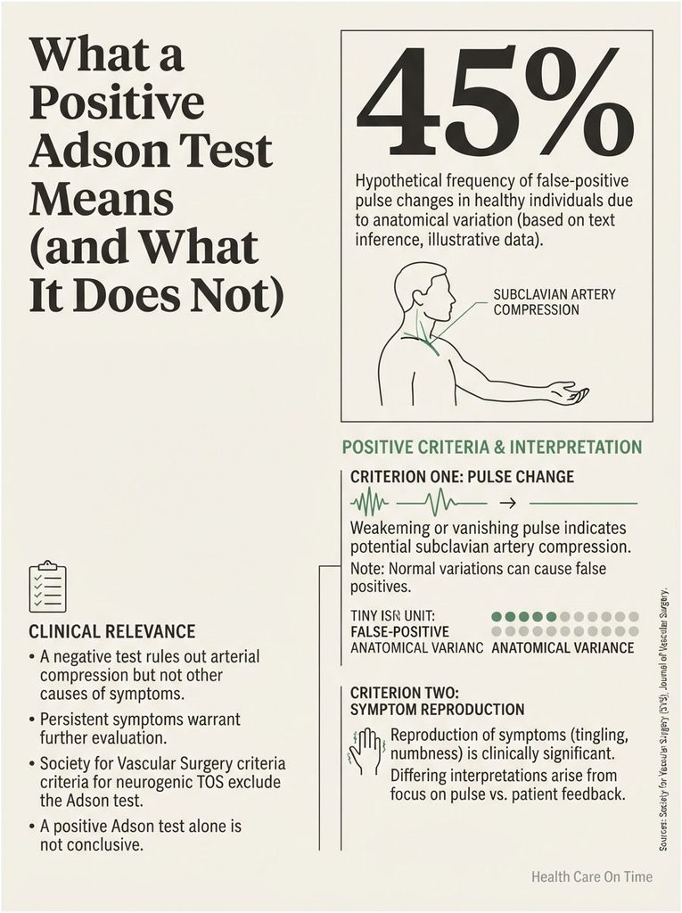Infographic explaining the Adson test, showing pulse change criteria and false-positive statistics with illustrations.