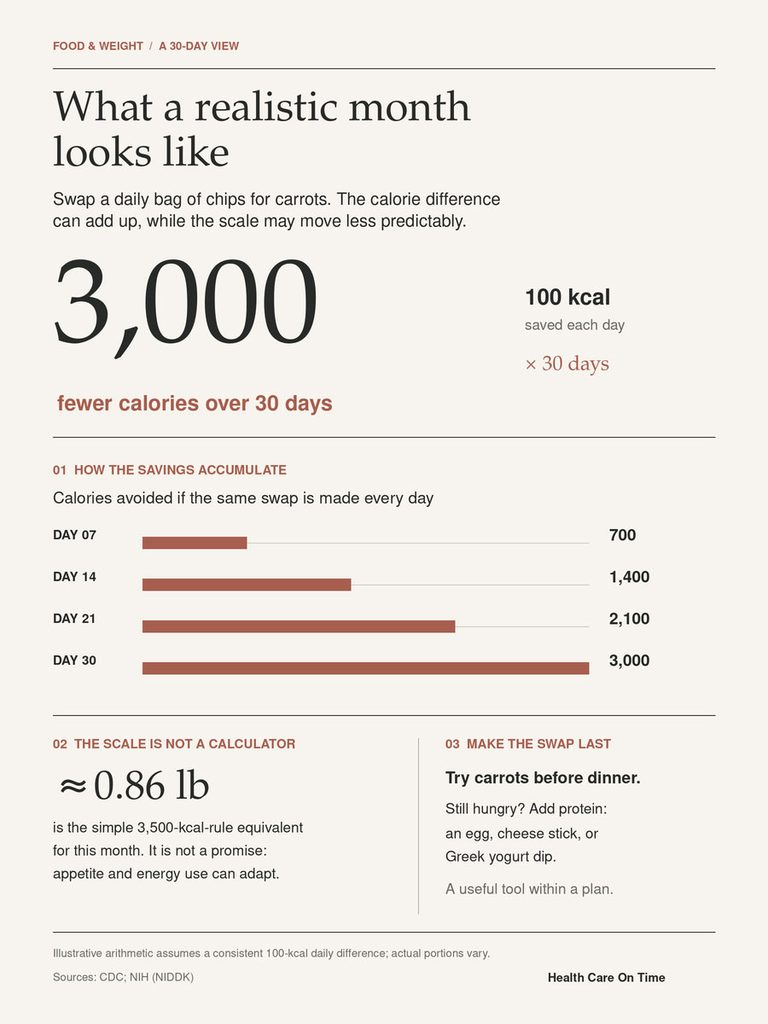 Infographic showing calorie savings from swapping chips for carrots, totaling 3,000 calories over 30 days.