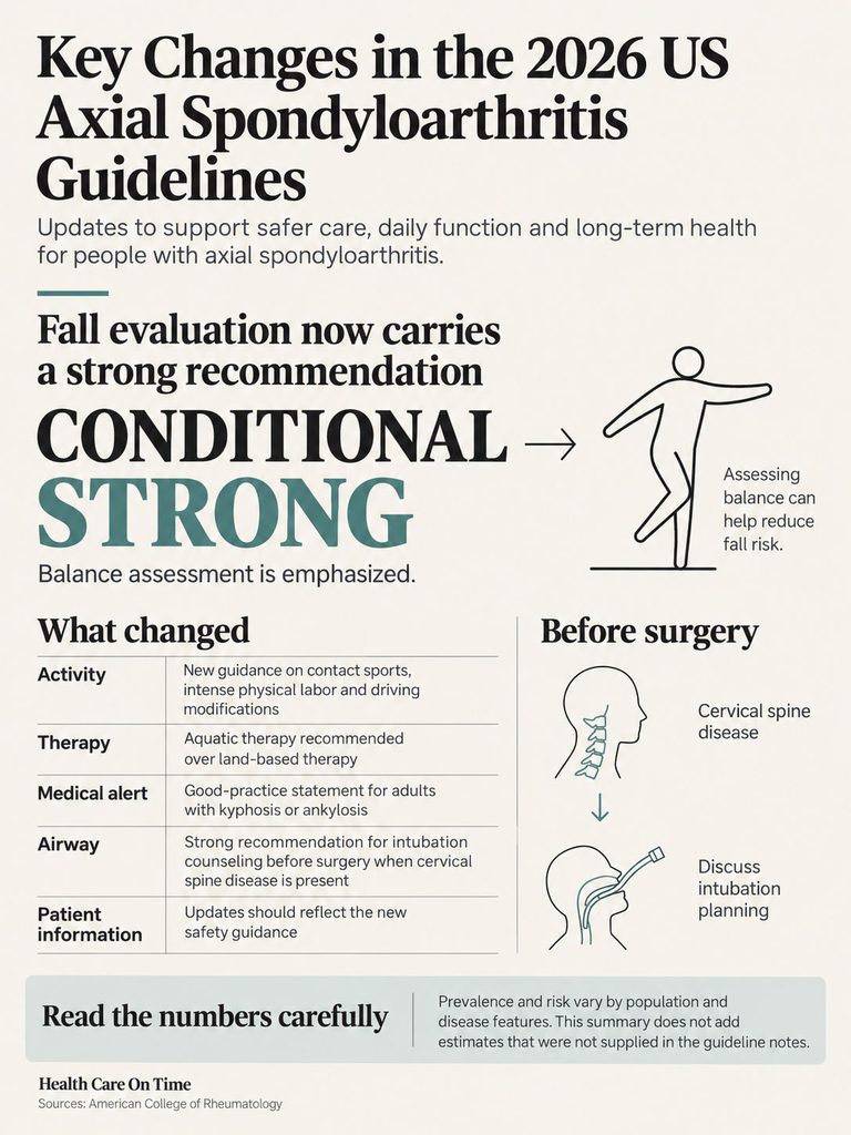 Infographic detailing key changes in 2026 US axial spondyloarthritis guidelines, including recommendations and updates.